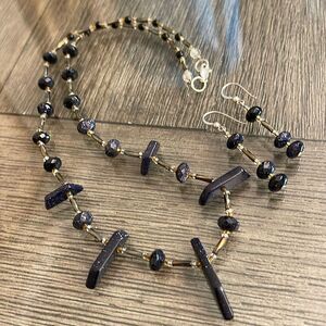 Vintage Blue Goldstone Beaded Necklace & Earrings